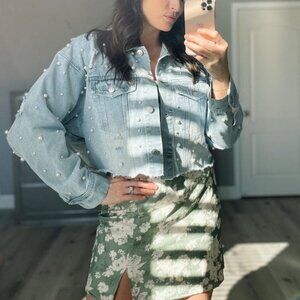 I Do Pearl Embellished Light Wash Denim Jacket